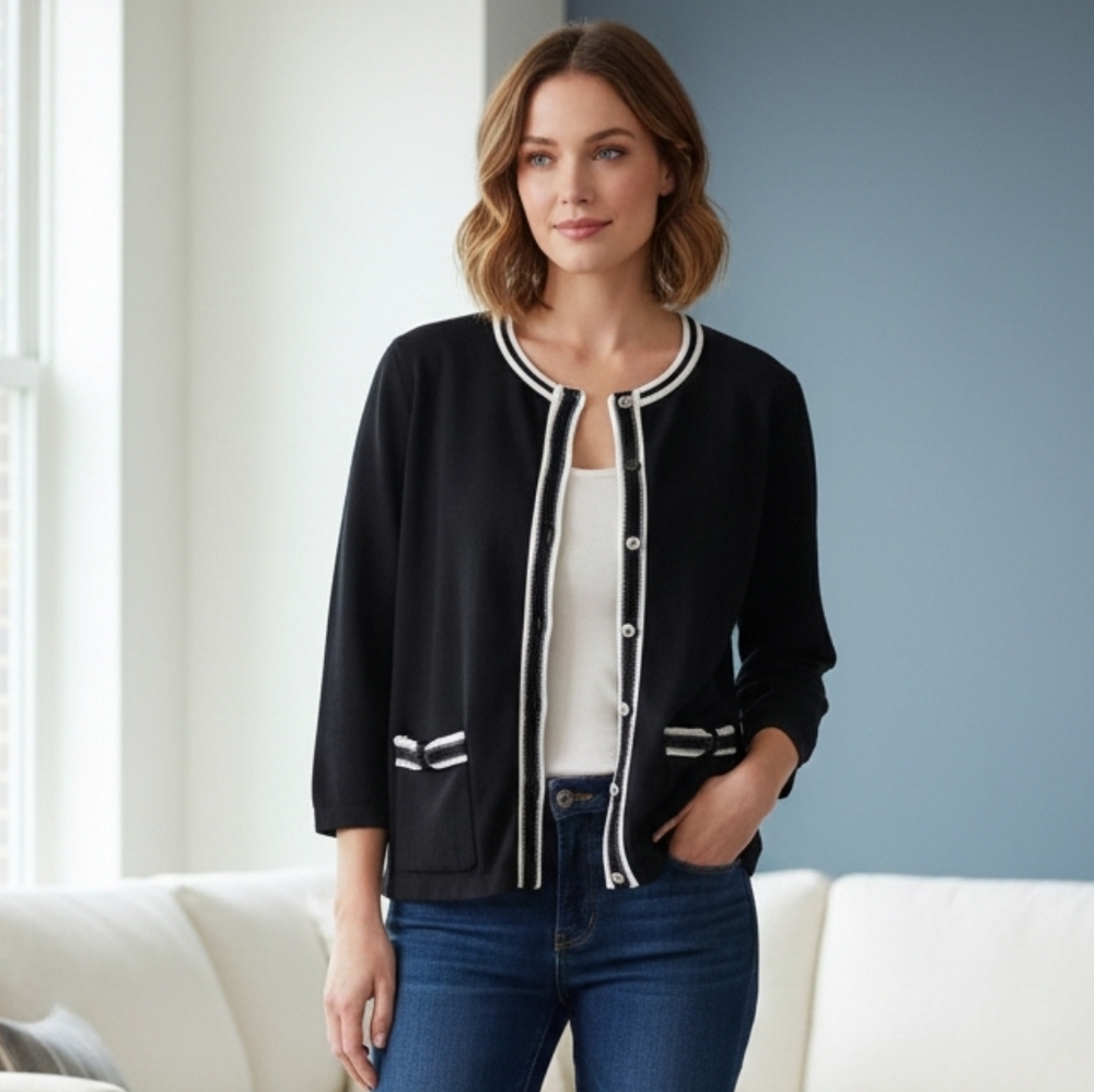 Amanda Smith Contrast Trim Cardigan In Black & White Bow Pocket Knit Size M